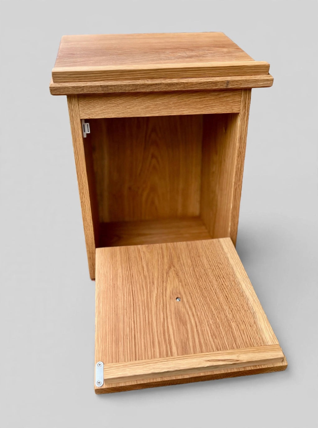 Open cabinet-style white oak shtender displaying interior storage space for Seforim and prayer books