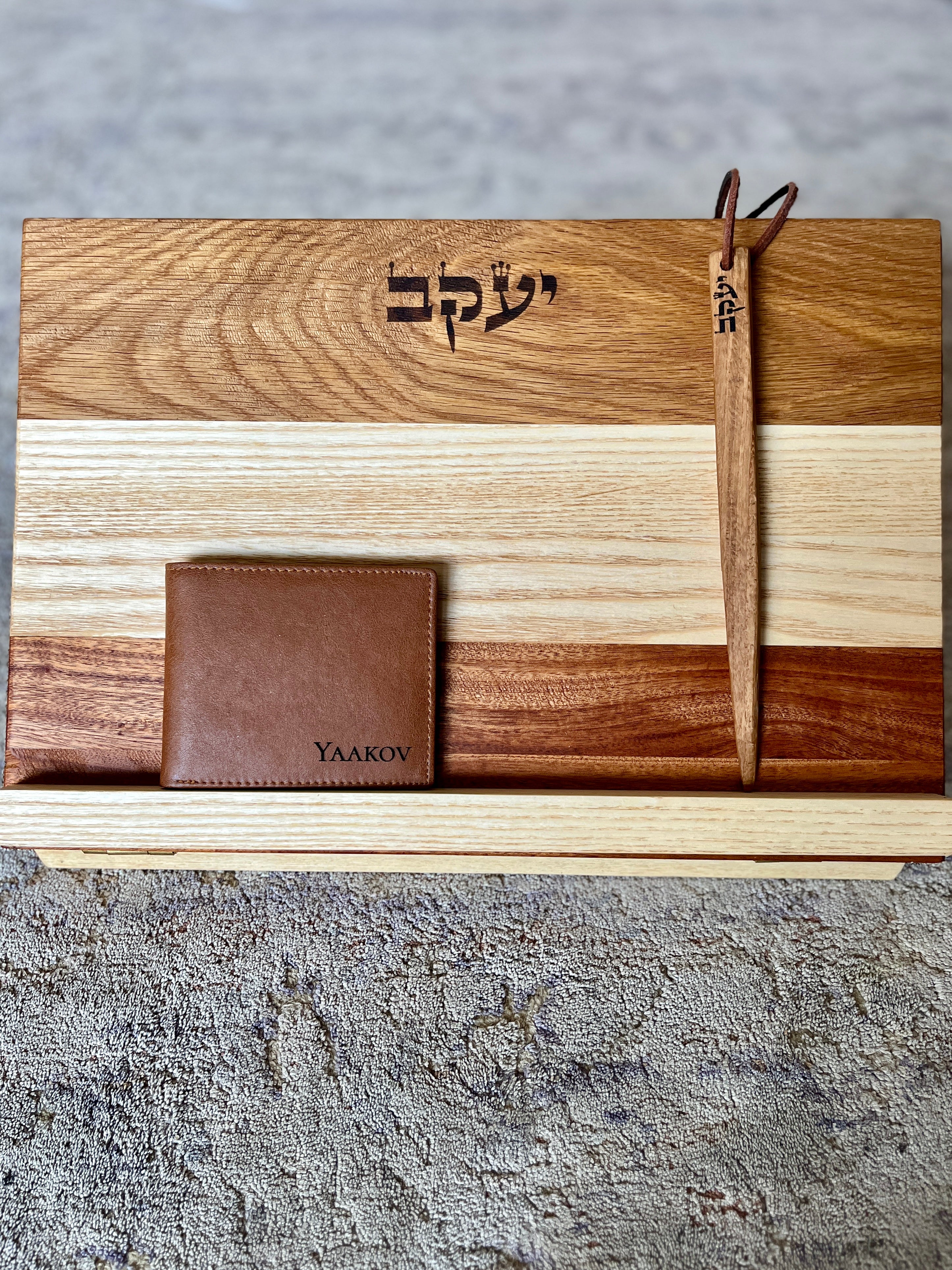 Bar Mitzvah Gift Set: Personalized Wooden Shtender, Wallet, Torah Yad